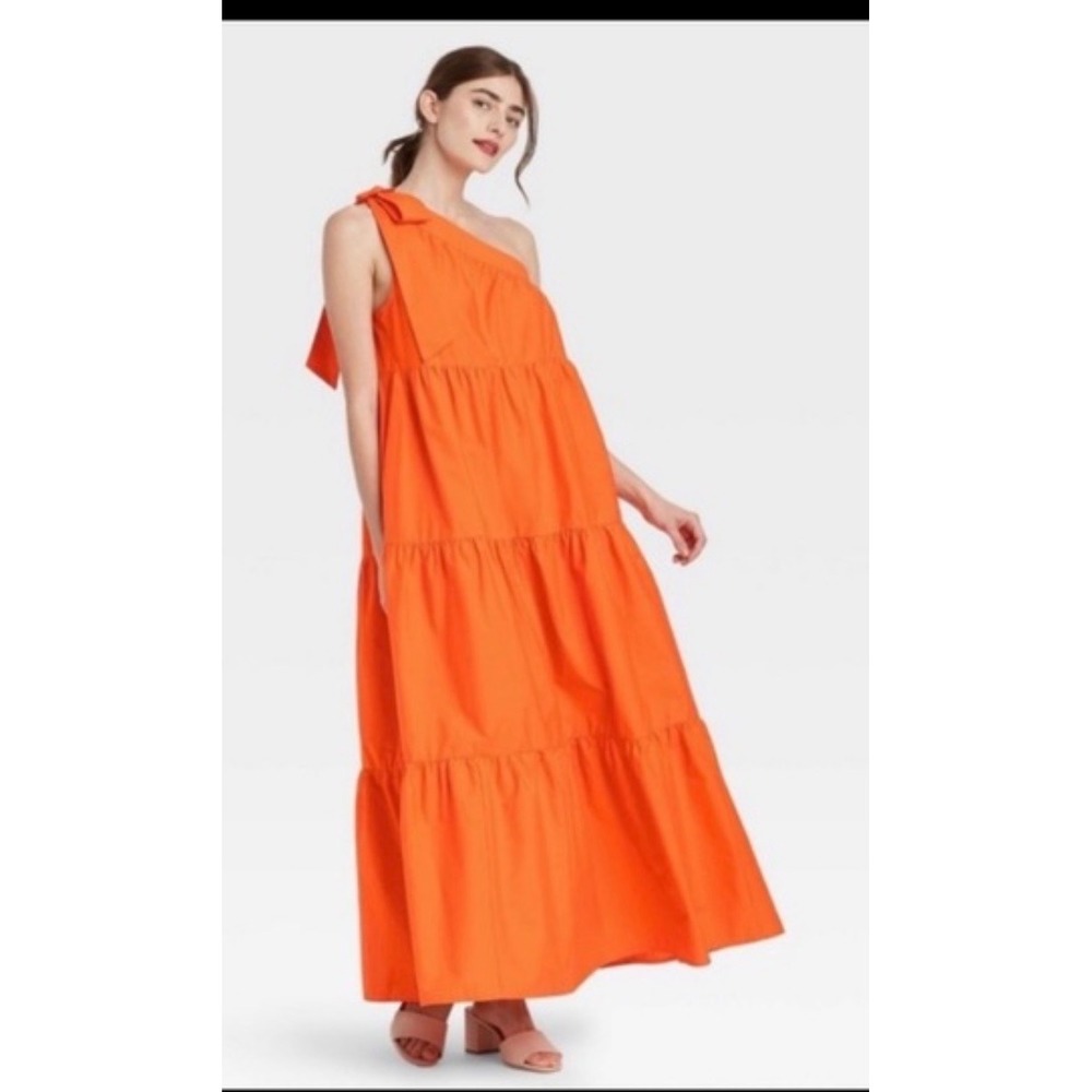 Who What Wear Orange One Shoulder Tiered Maxi Dress Cotton XL - Picture 8 of 8